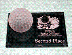 custom golf ball award on black base engraved with logo