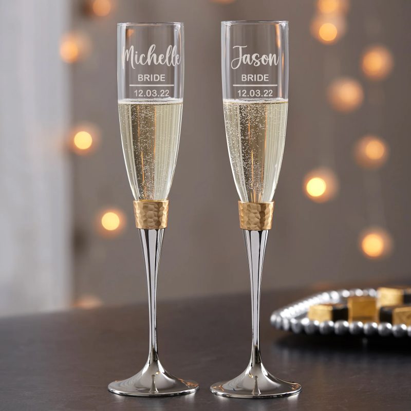 Engraved Copper Gold Champagne Flutes & Cake Knife Set - Image 3