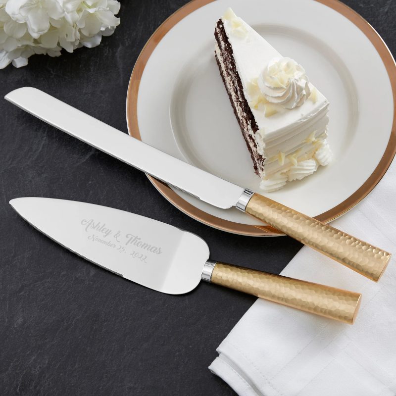 Engraved Copper Gold Champagne Flutes & Cake Knife Set - Image 2