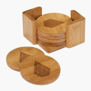 Engraved Circle Bamboo Coaster Set