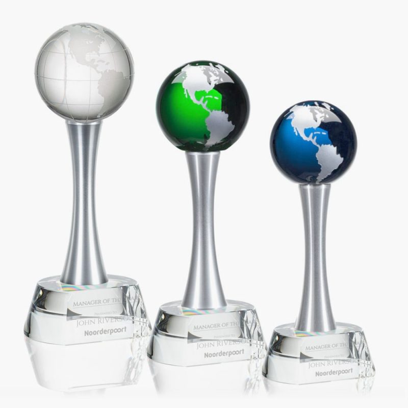 Engraved Crystal Globe Steel Tower Award