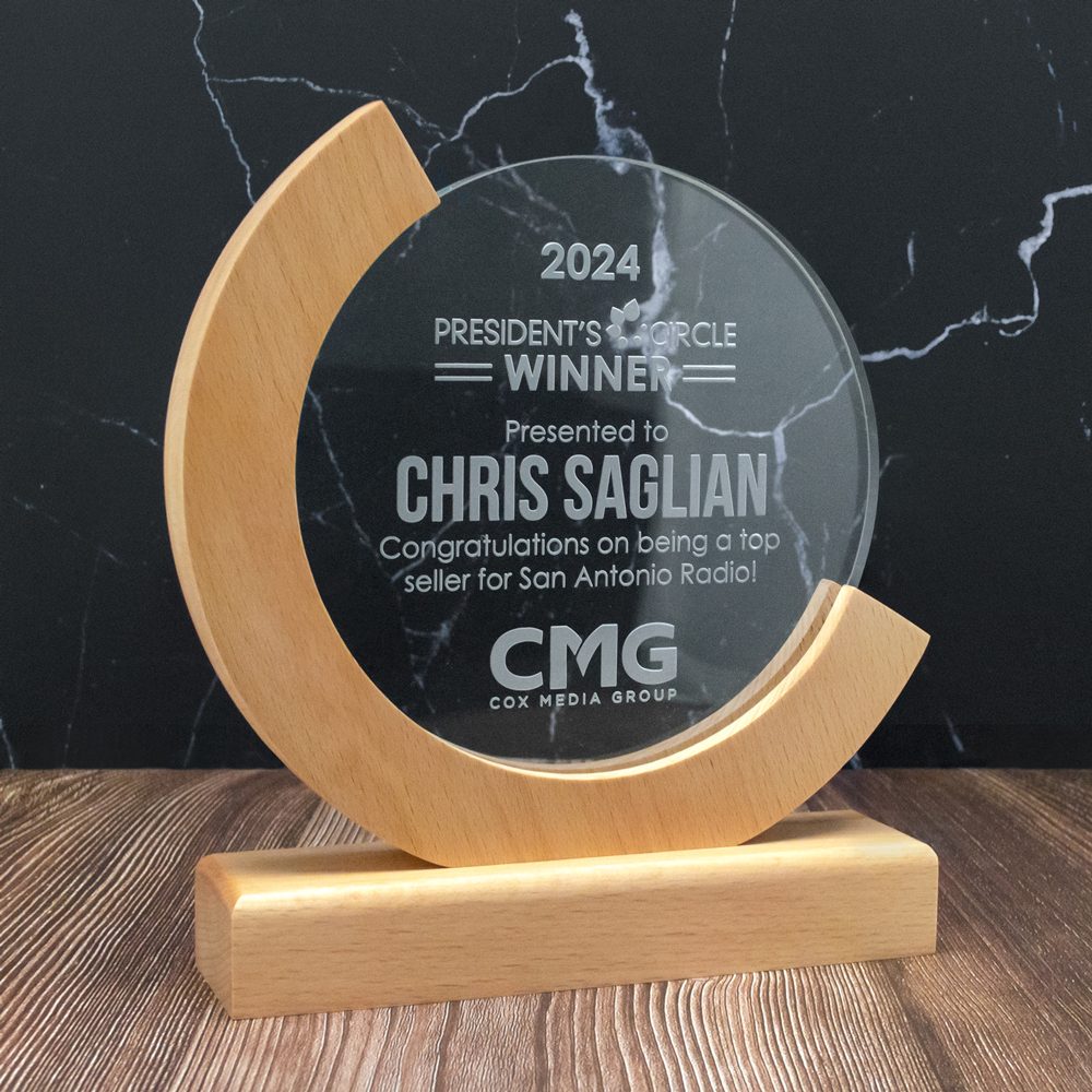 Personalized Crystal Circle in Wood Meridian Stand - Image 2