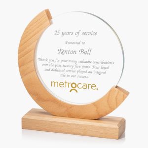 Personalized Crystal Circle in Wood Meridian Stand