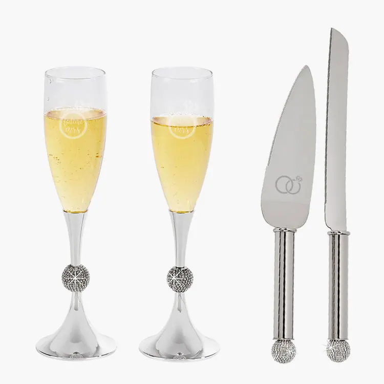Knife and Server Crystal Handles Cake Serving Set - Silver with Clear