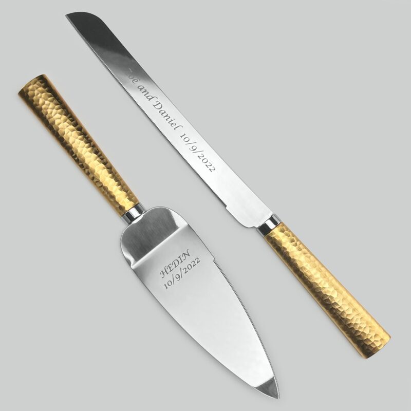 Engraved Copper Gold Champagne Flutes & Cake Knife Set - Image 4