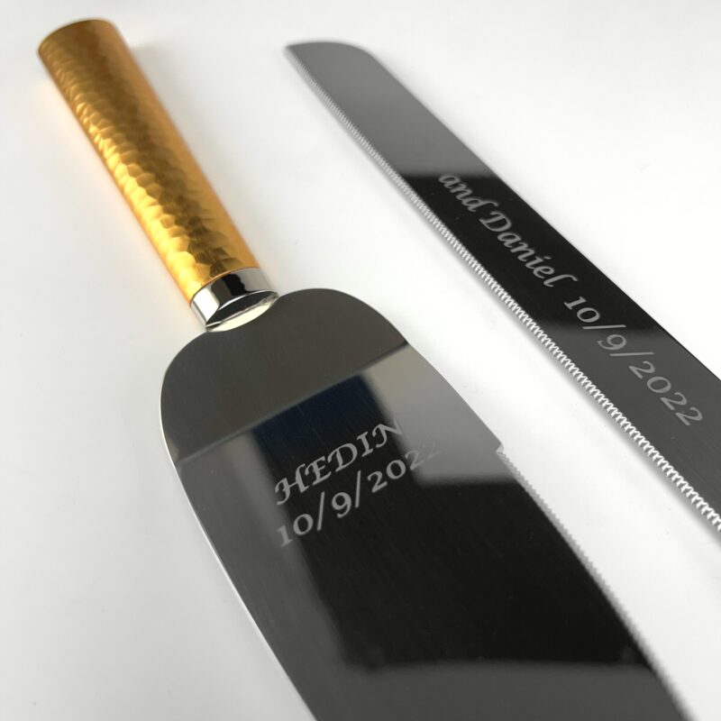Engraved Copper Gold Champagne Flutes & Cake Knife Set - Image 5