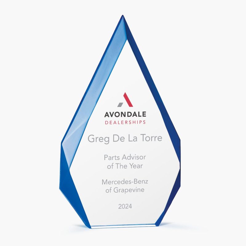 Personalized Acrylic Thick Pear Diamond Award with Blue Accented Bevels
