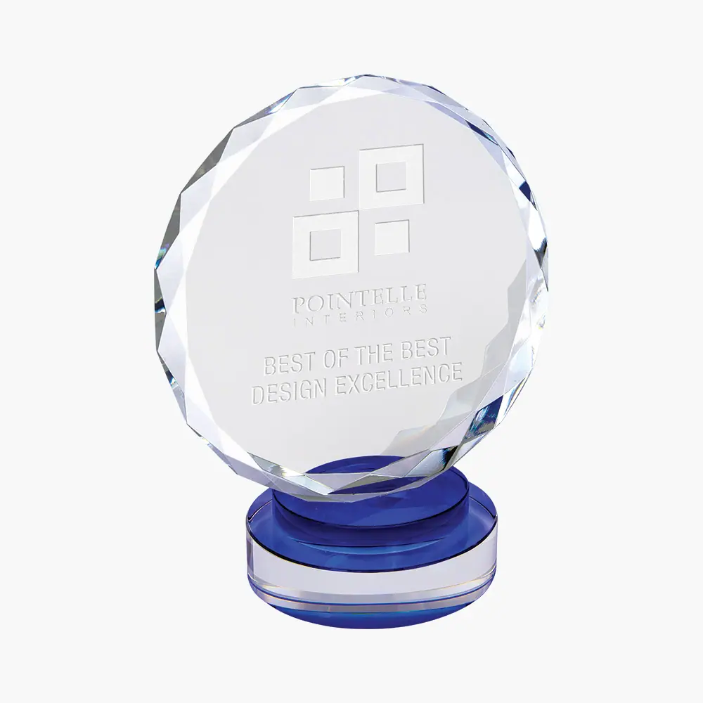 Engraved Crystal Faceted Blue Pedestal Circle Award