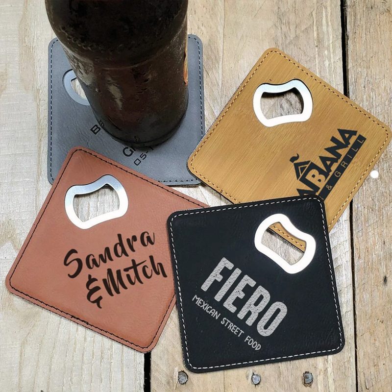 Personalized Leatherette Bottle Opener Coaster Set of 4 - Image 3
