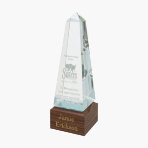 Personalized Glass Obelisk Award on Walnut Base
