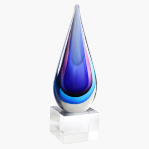 Engraved Blue and Pink Teardrop Art Glass Award