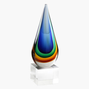 Engraved Blue and Amber Teardrop Art Glass Award