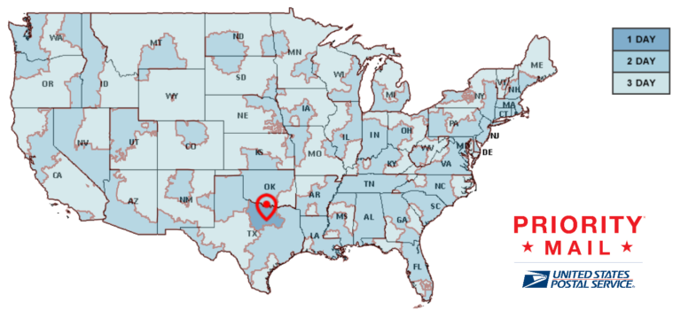 USPS Priority Mail delivery map, captured 2023-03-21.